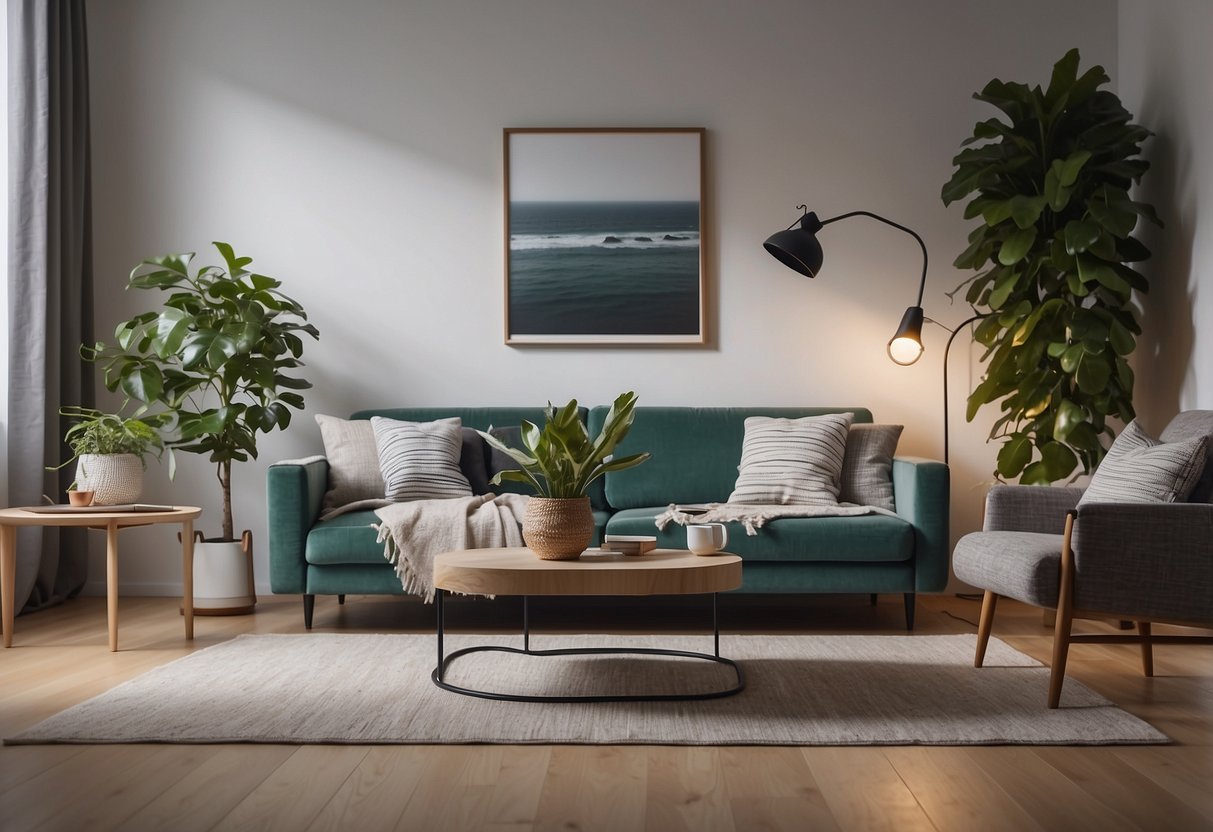 A cozy living room with modern furniture and a large, comfortable sofa. A coffee table with magazines and a potted plant adds a touch of homeliness