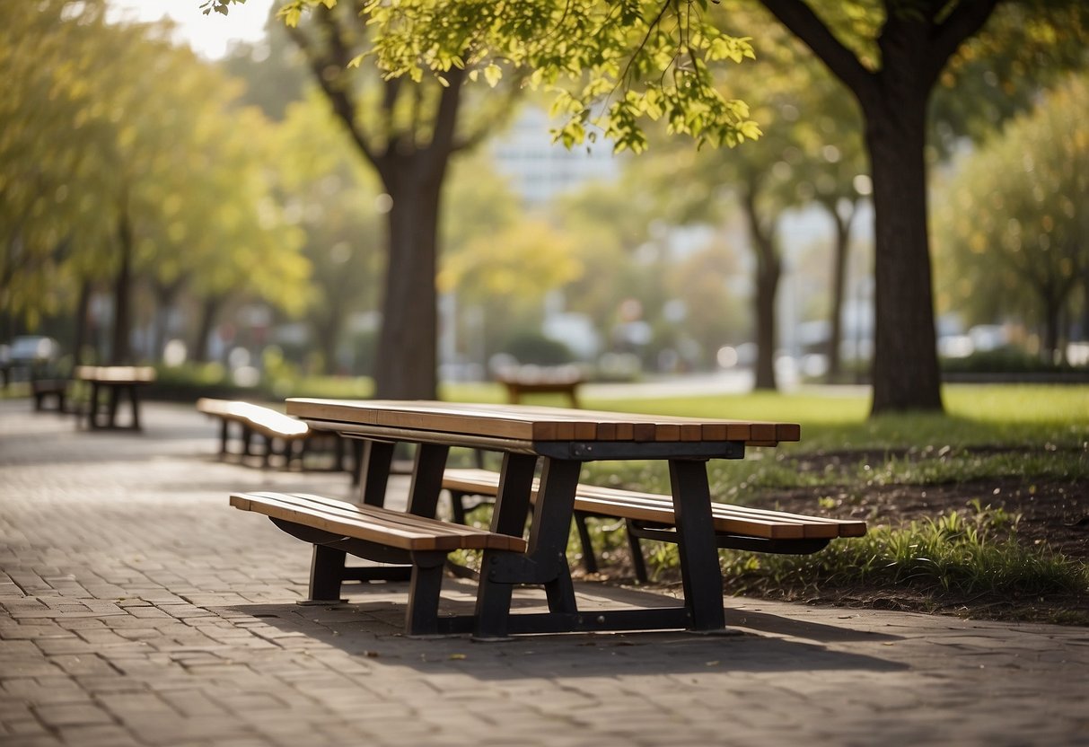 An outdoor park with various types of furniture such as benches, picnic tables, and trash receptacles placed strategically throughout the area