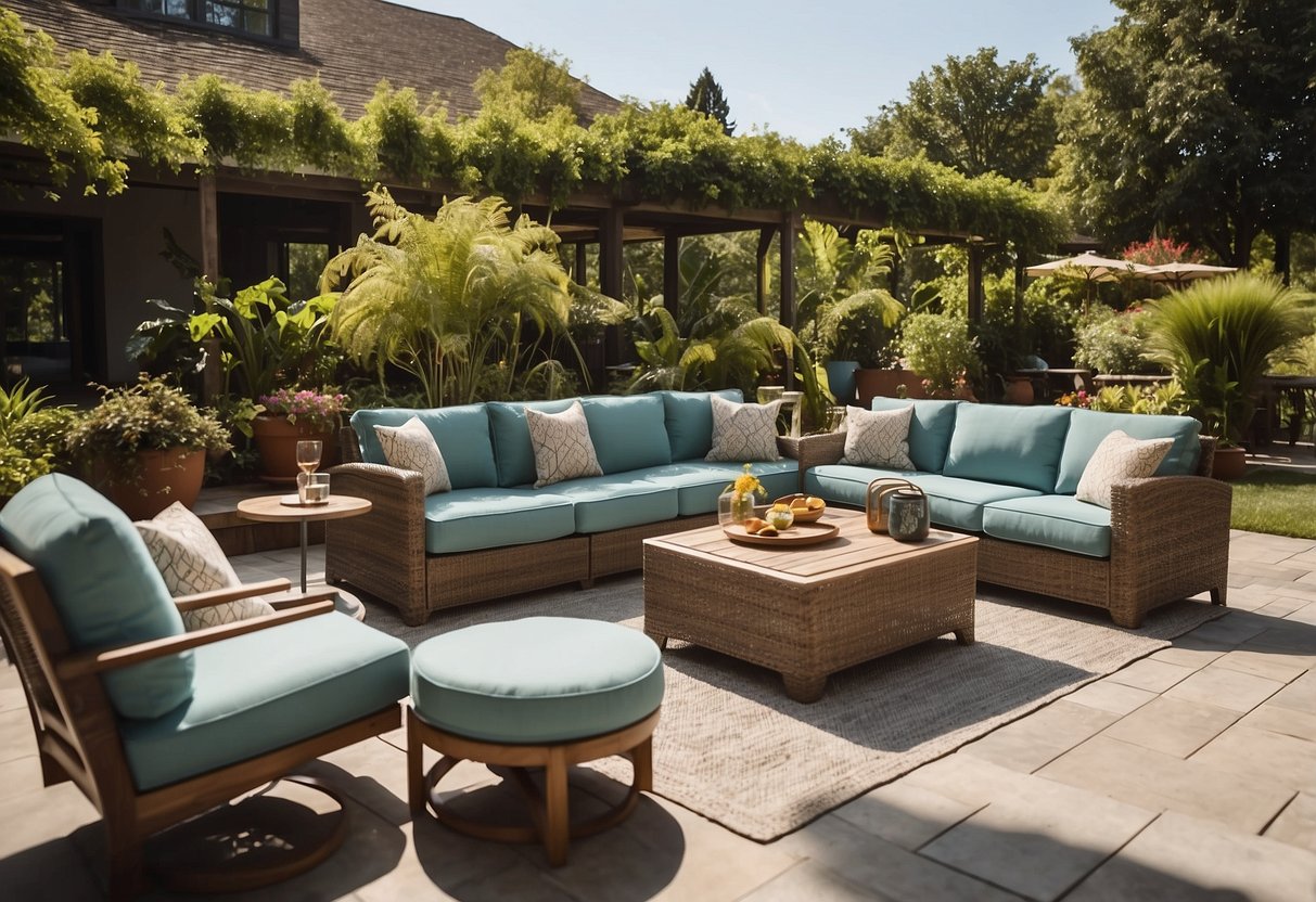 A colorful array of patio furniture is displayed in a spacious outdoor living space, with a variety of seating options and tables, all set against a backdrop of lush greenery and a clear blue sky