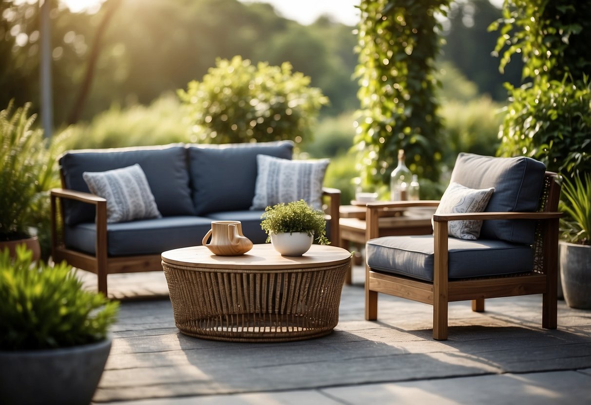 A luxurious outdoor furniture set displayed in a spacious and elegant outdoor setting, surrounded by lush greenery and bathed in warm natural light