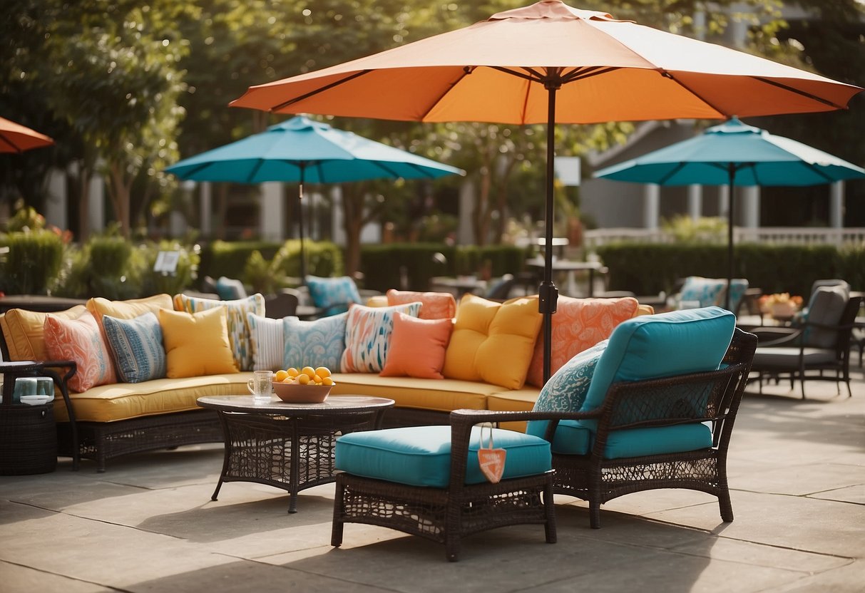 A colorful array of patio furniture is displayed in a spacious outdoor setting, with bright umbrellas and comfortable seating options. The area is adorned with signage indicating "Frequently Asked Questions" about the clearance sale at Costco