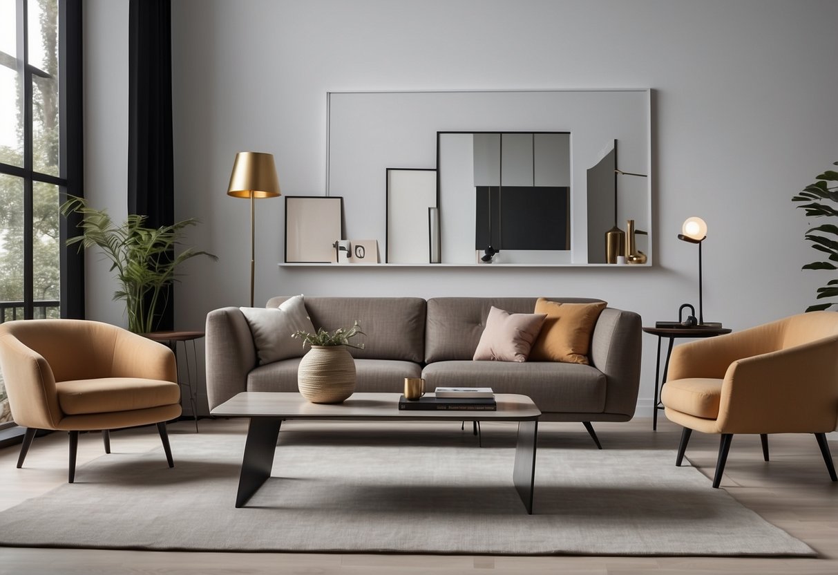 A modern living room with sleek Mazin furniture, featuring a minimalist sofa, coffee table, and floor lamp, against a backdrop of clean lines and neutral colors