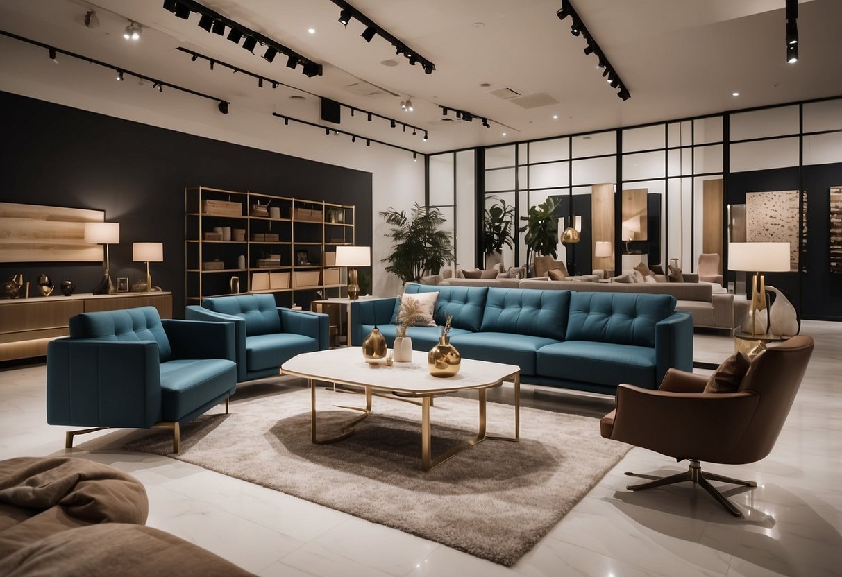 A showroom filled with modern Mazin furniture collections, featuring sleek designs and luxurious finishes