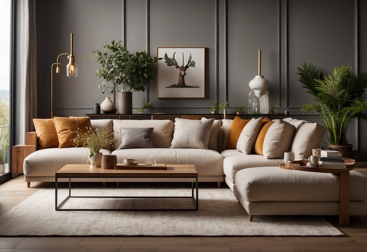 A cozy living room with Mazin Furniture pieces arranged elegantly, showcasing the brand's quality and style. Bright natural light and warm colors create a welcoming atmosphere