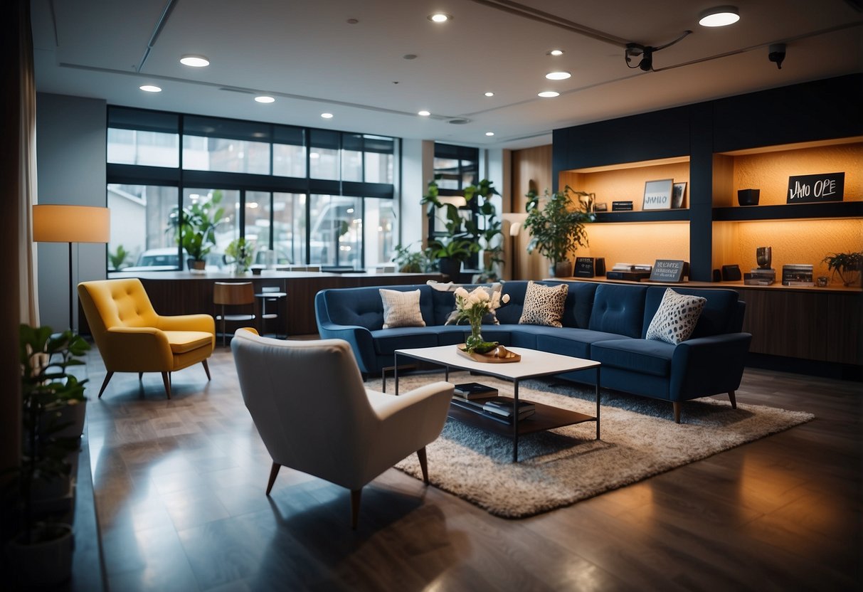 A room with modern furniture, a visible FAQ sign, and customers browsing
