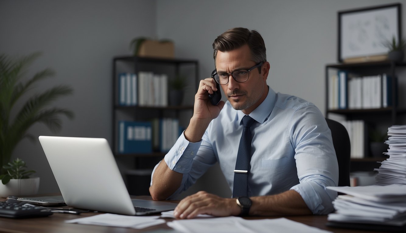 A sports agent sits at a desk, negotiating contracts on the phone while balancing paperwork and a calendar. The agent juggles multiple tasks, showcasing the demands of managing work-life balance