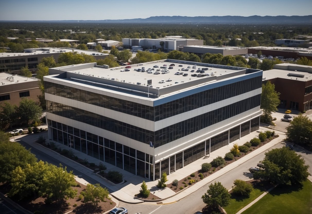 An aerial view of Upstart Holdings, Inc. headquarters with the company logo prominently displayed on the building facade. The surrounding area is bustling with activity, showcasing the company's presence in the fintech industry