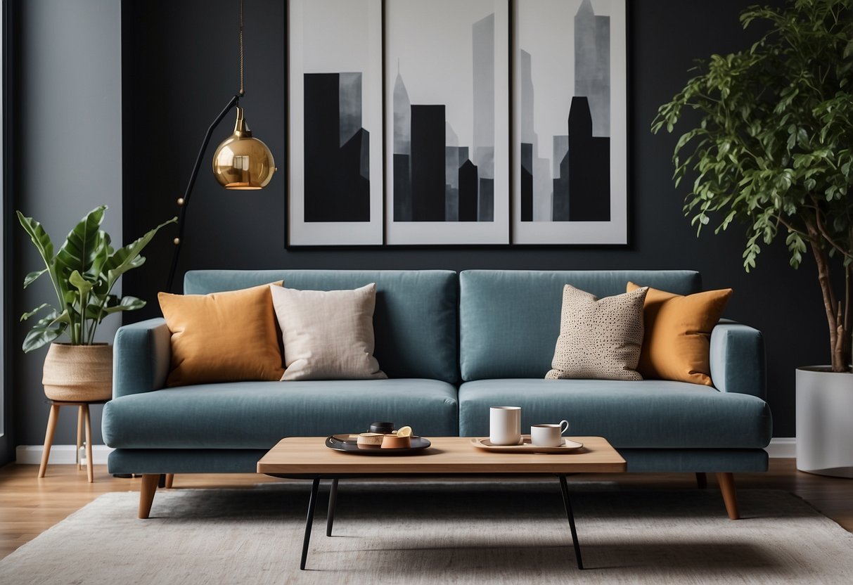 A modern living room with a sleek PVC foam board sofa and coffee table, surrounded by minimalist decor and natural lighting