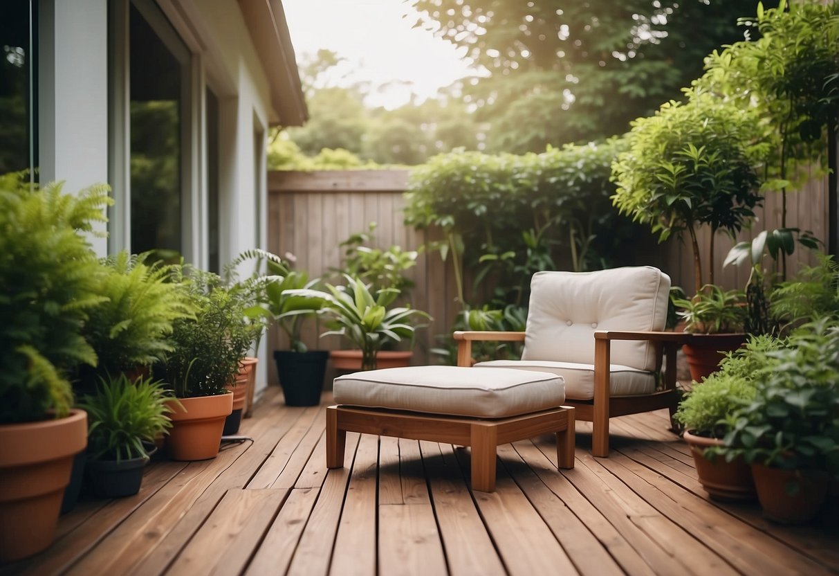A cozy outdoor lounge chair and a matching ottoman sit on a wooden deck, surrounded by lush greenery and colorful potted plants