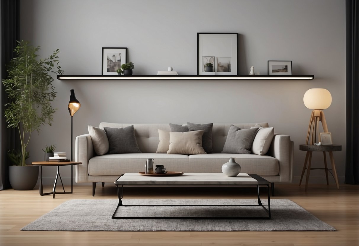 A modern living room with PVC foam board furniture, featuring a sleek coffee table, minimalist chairs, and a stylish bookshelf