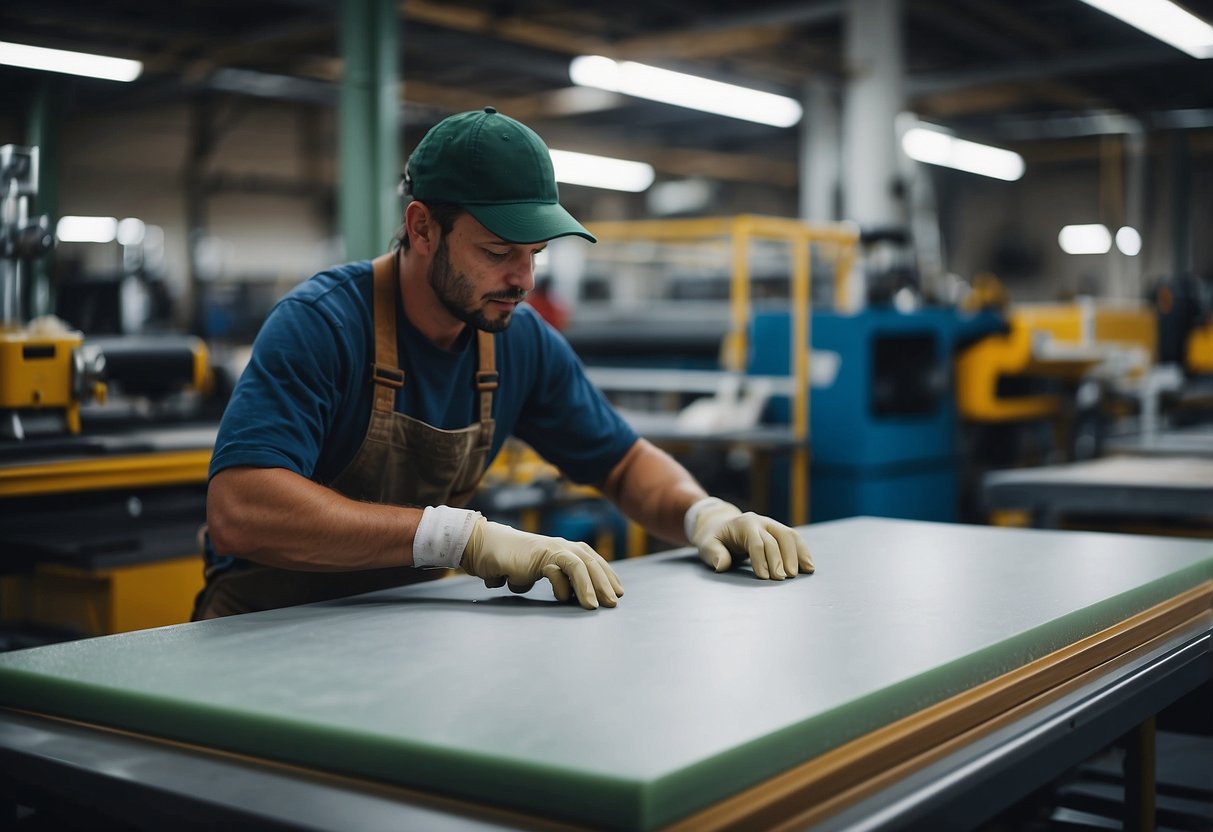 A worker cuts and shapes PVC foam board for furniture fabrication. Machines and tools surround the workspace