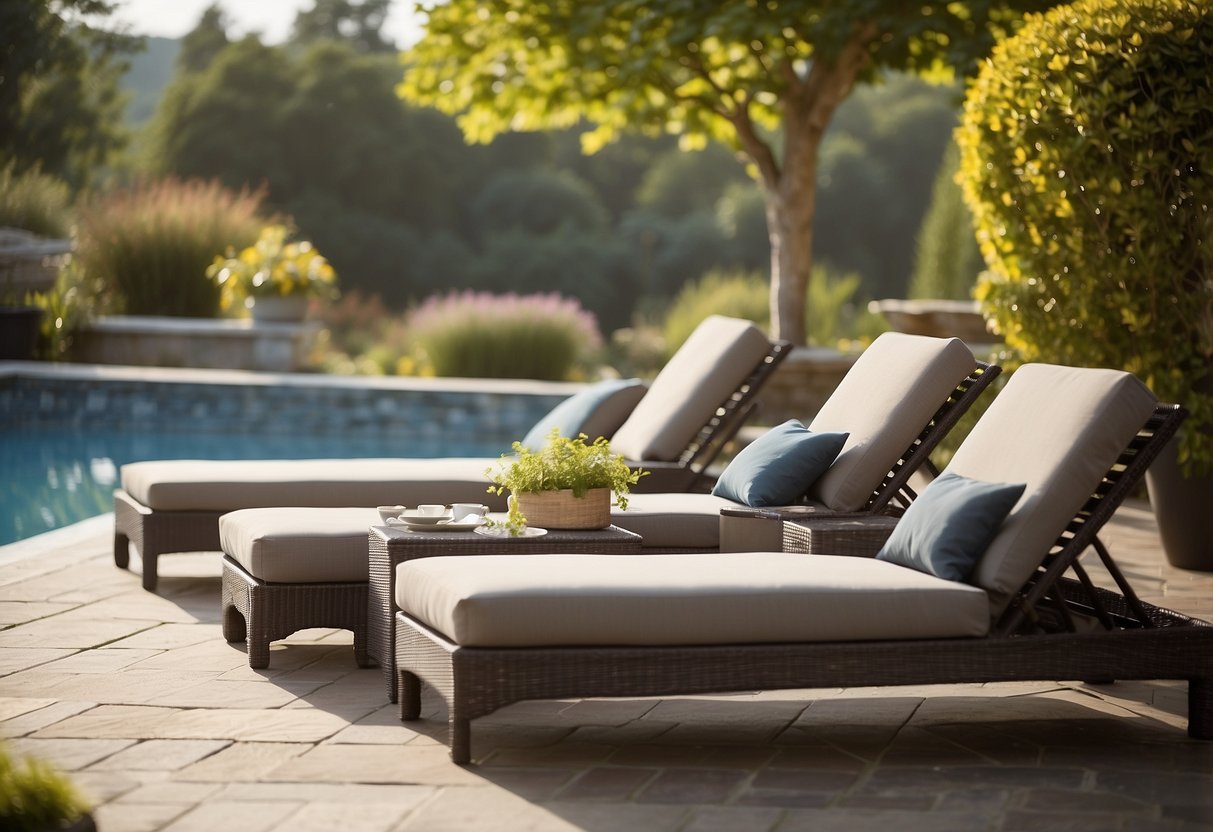 A patio with reclining outdoor furniture, including loungers, chairs, and sofas, arranged around a pool or overlooking a scenic view