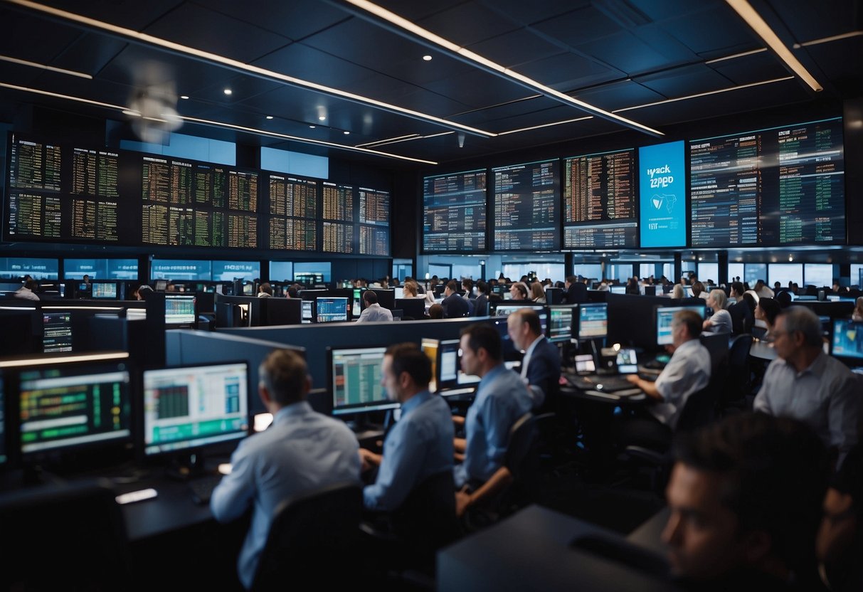 The ASX Fintech scene shows a bustling market with digital screens displaying stock prices and graphs, traders engaged in discussions, and a sense of excitement and anticipation in the air