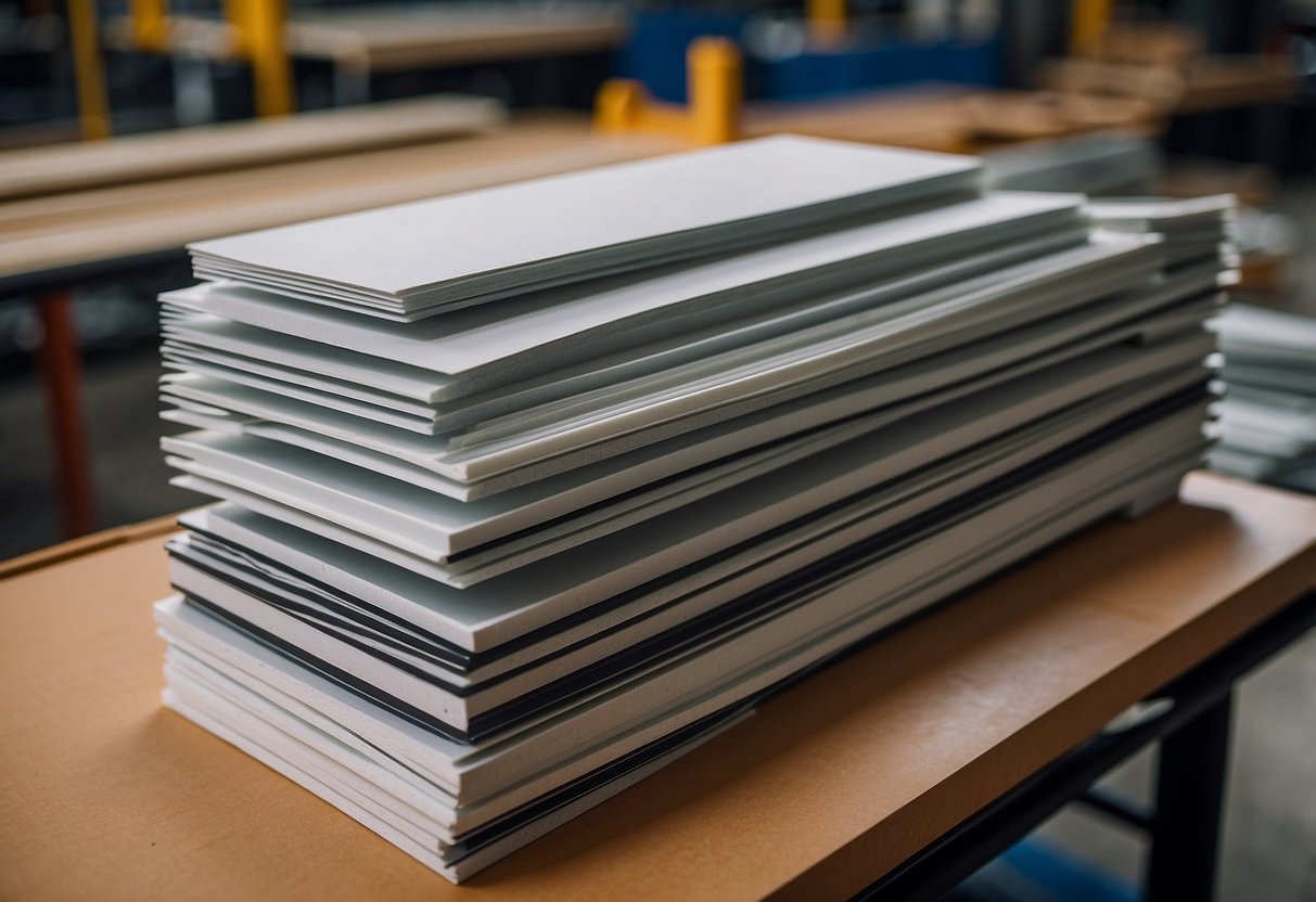 A stack of PVC foam boards arranged neatly with various furniture pieces being assembled around them