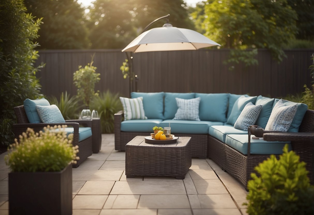 A patio with weather-resistant, durable outdoor furniture made of metal or synthetic materials, such as wicker or resin, arranged for relaxation and comfort