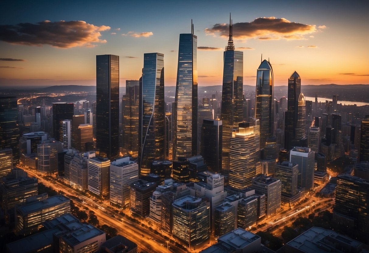 A bustling city skyline with financial buildings and digital technology symbols, representing the dynamic investment climate of the ASX fintechzoom