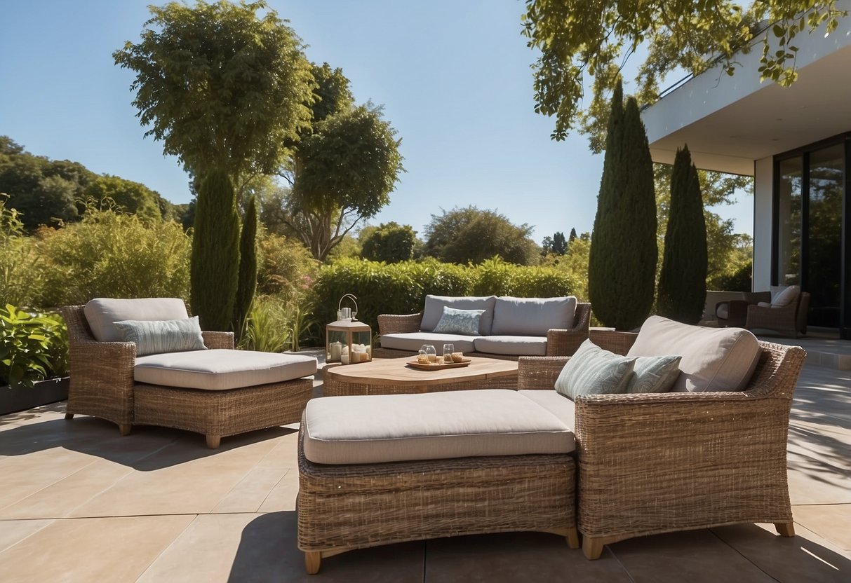 A patio with a variety of reclining outdoor furniture, surrounded by lush greenery and under a clear blue sky