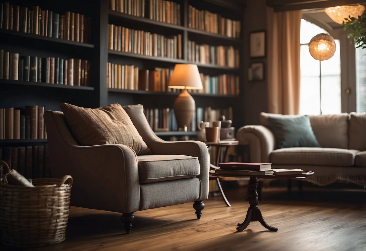 A cozy living room with a worn armchair, a vintage coffee table, and a bookshelf filled with classic novels