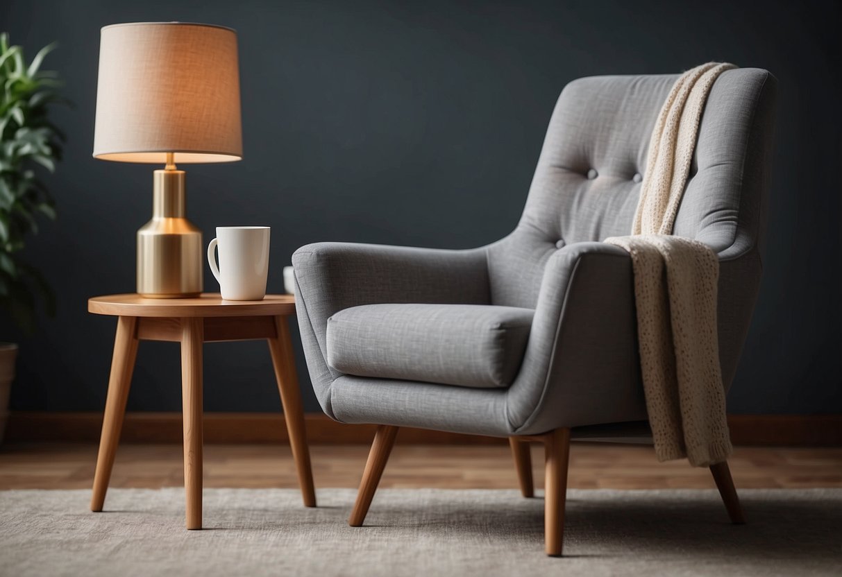 A cozy armchair with supportive cushions, a sturdy coffee table at arm's reach, and a well-lit floor lamp next to it