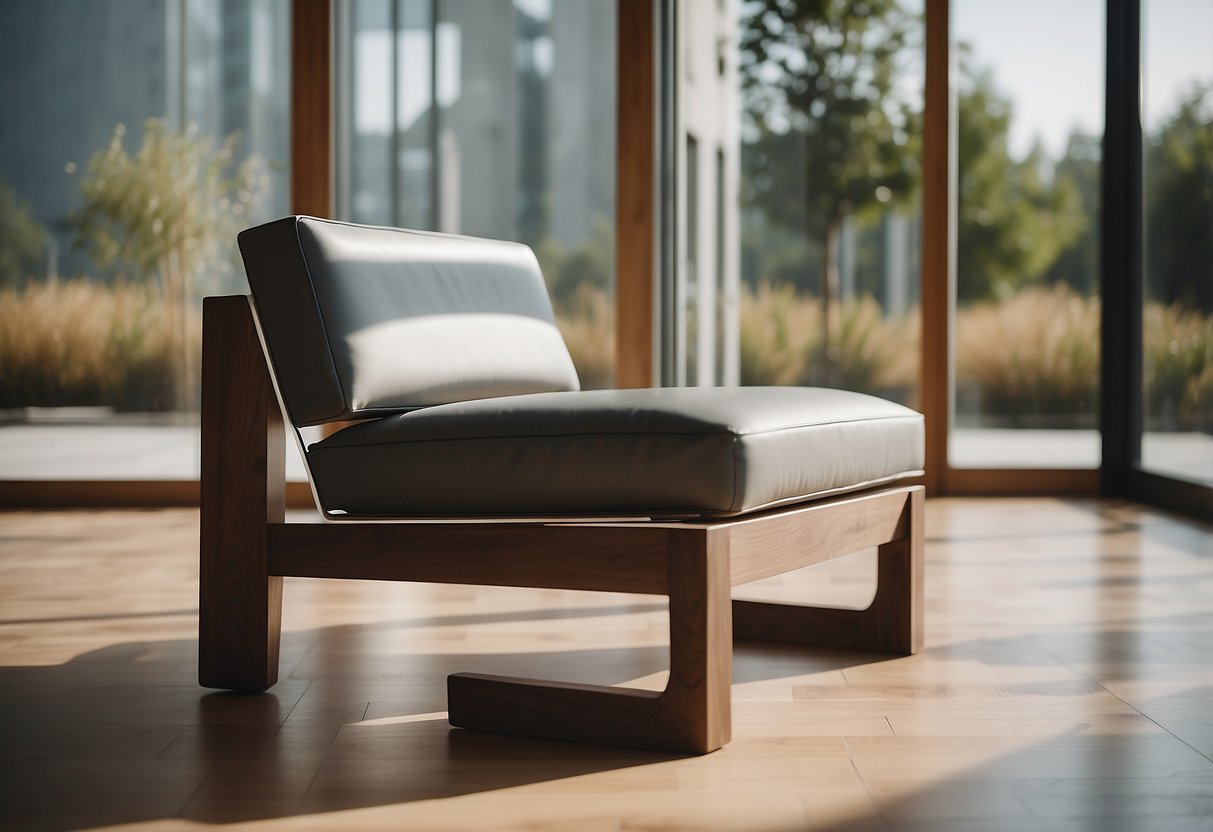 A modern, minimalist chair made of sustainable wood and metal, with clean lines and ergonomic design, placed in a bright, spacious room with natural lighting