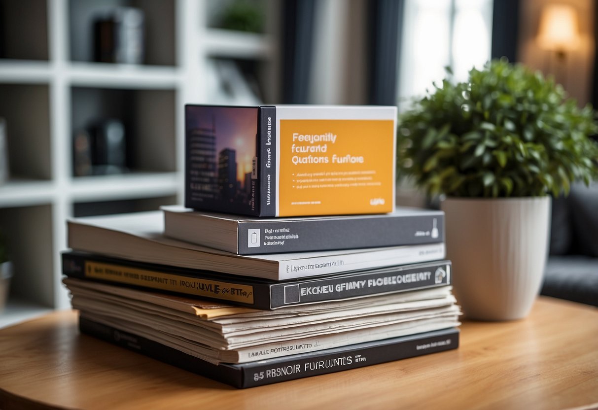 A stack of brochures labeled "Frequently Asked Questions" next to a display of senior-friendly furniture