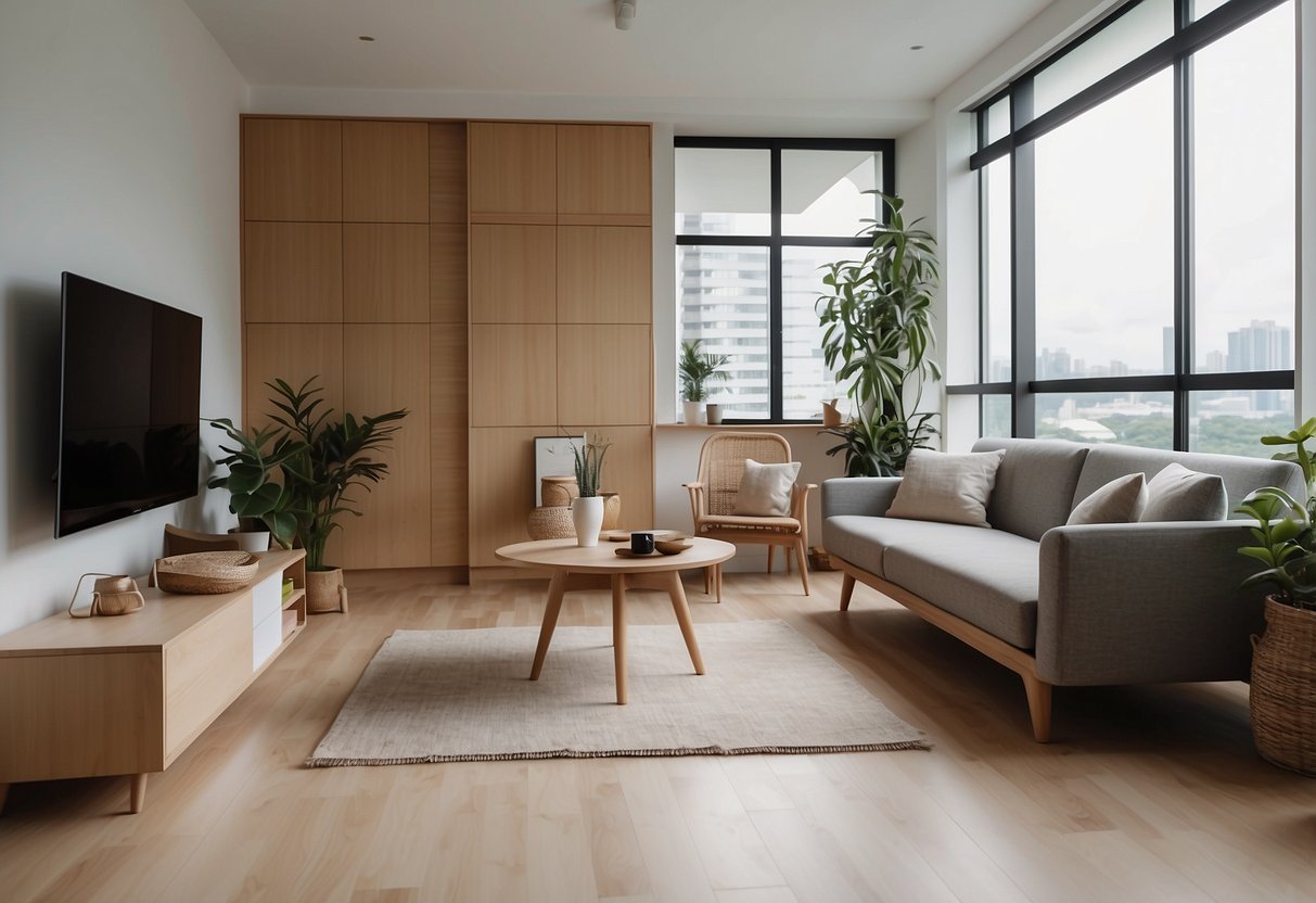 A small, cluttered room with minimalist, affordable Scandinavian furniture in Singapore. Light wood tones and clean lines dominate the space