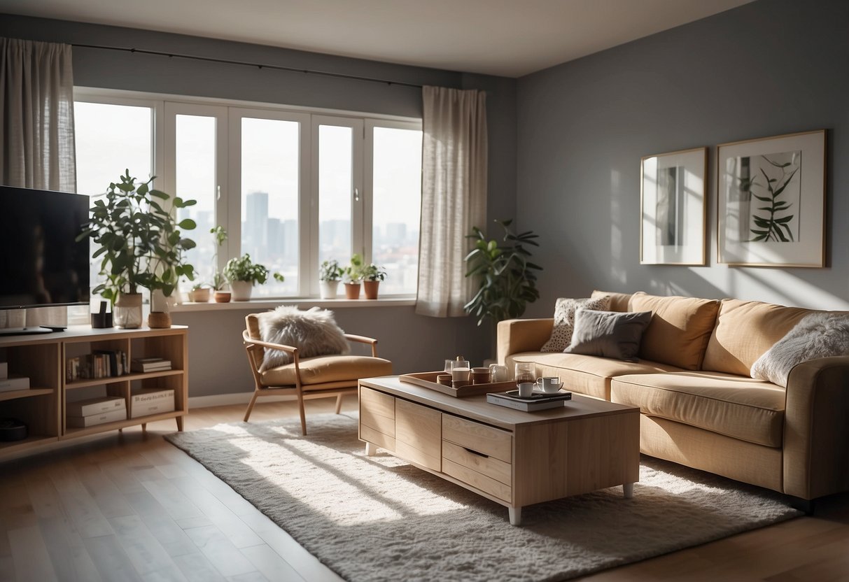 The room's furniture changes color. Walls are neutral. Light from window