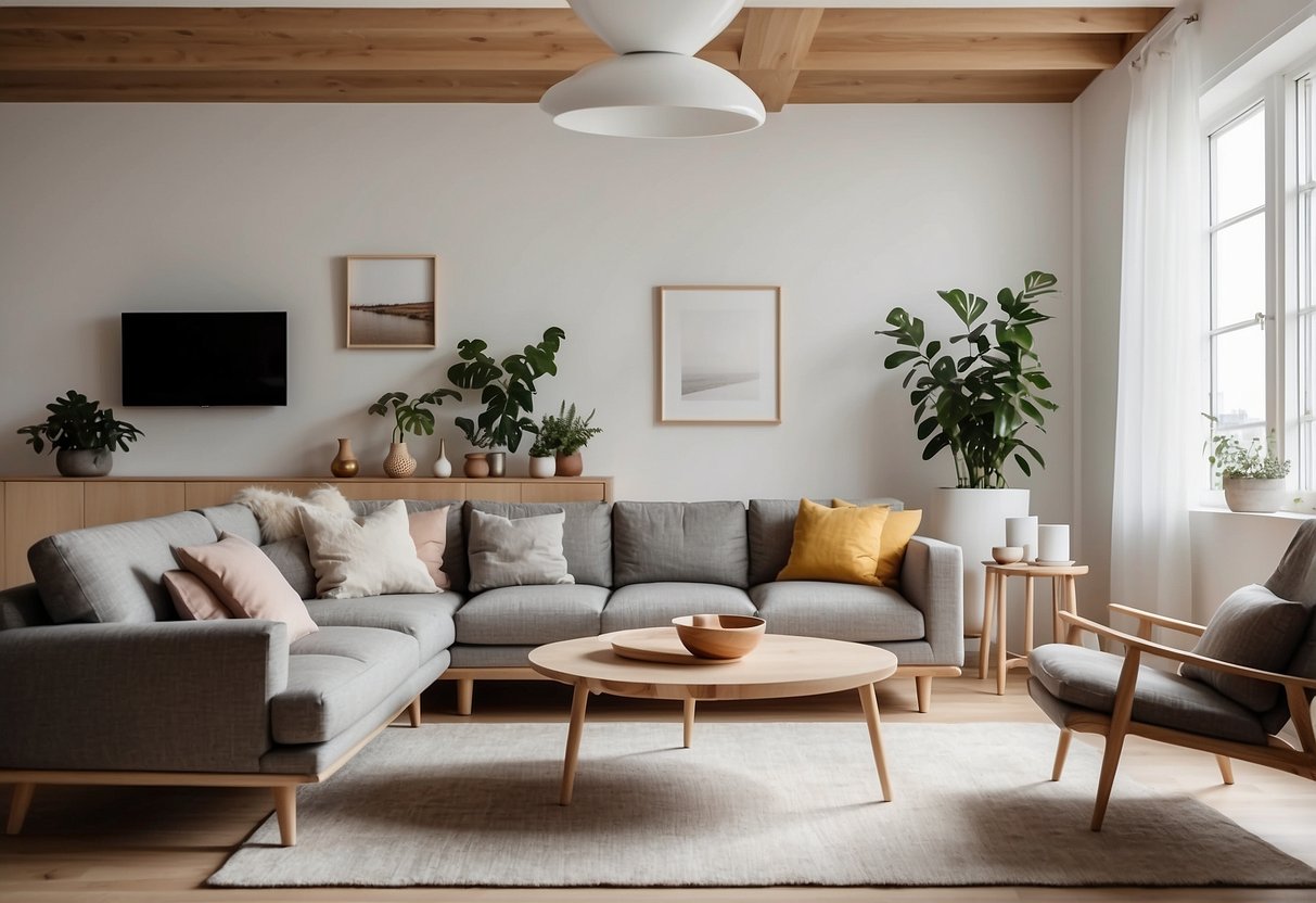 A cozy living room with sleek, minimalist Scandinavian furniture. Light wood tones, clean lines, and functional design. Bright, airy space with pops of color