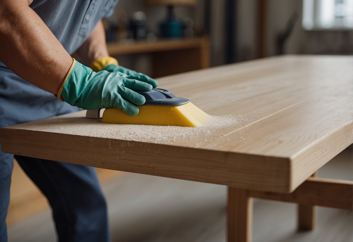 Furniture being sanded and wiped clean before a new coat of paint is applied