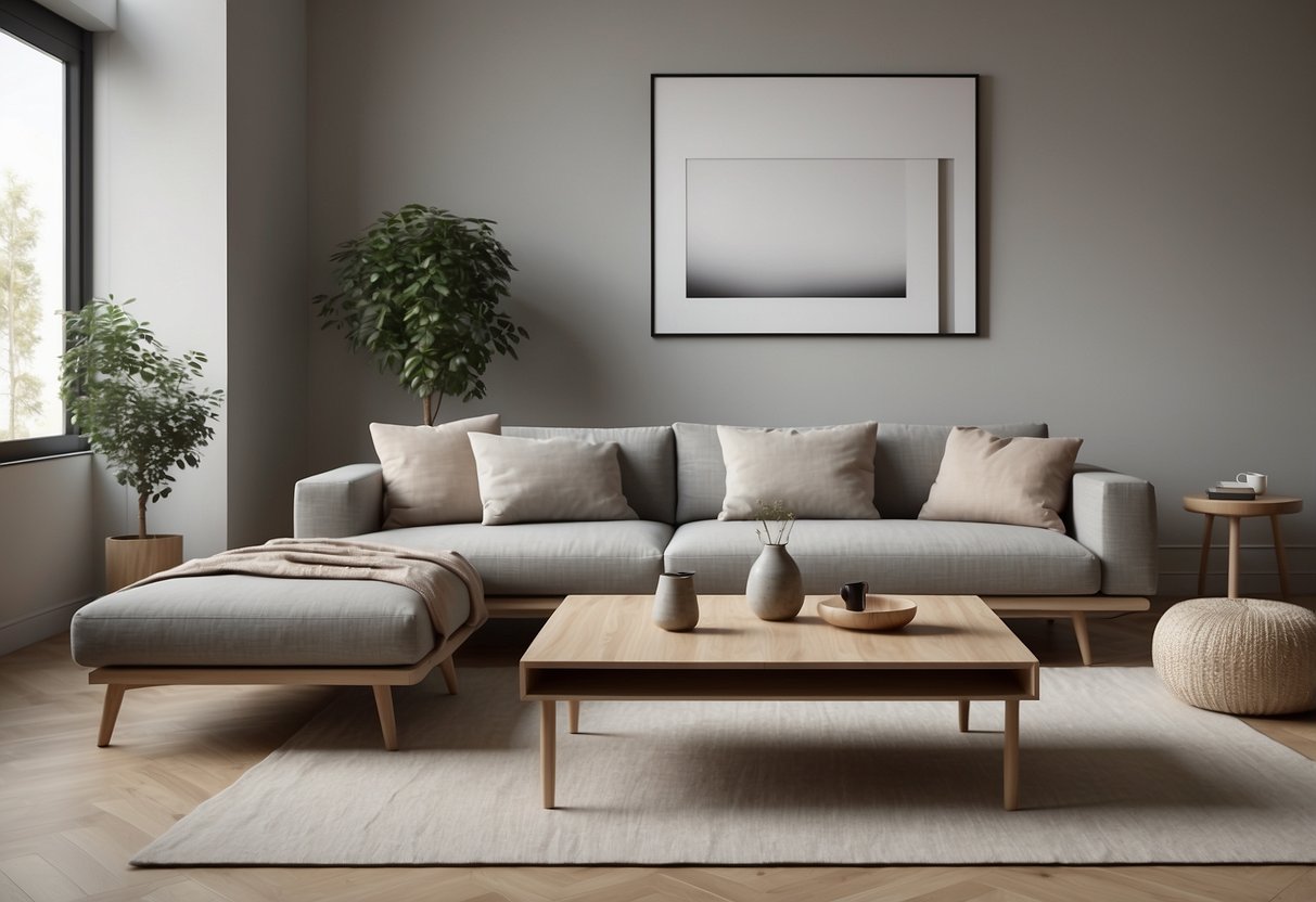 A sleek, minimalist living room with clean lines and light wood furniture. A cozy sofa and stylish coffee table complete the modern Scandinavian design