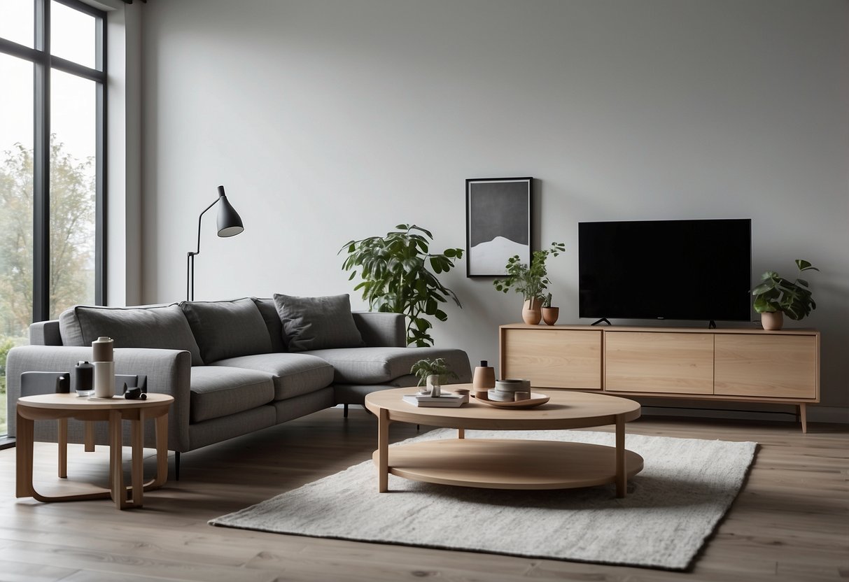 A modern living room with sleek, minimalist furniture and clean lines. A display of affordable Scandinavian pieces from a variety of angles