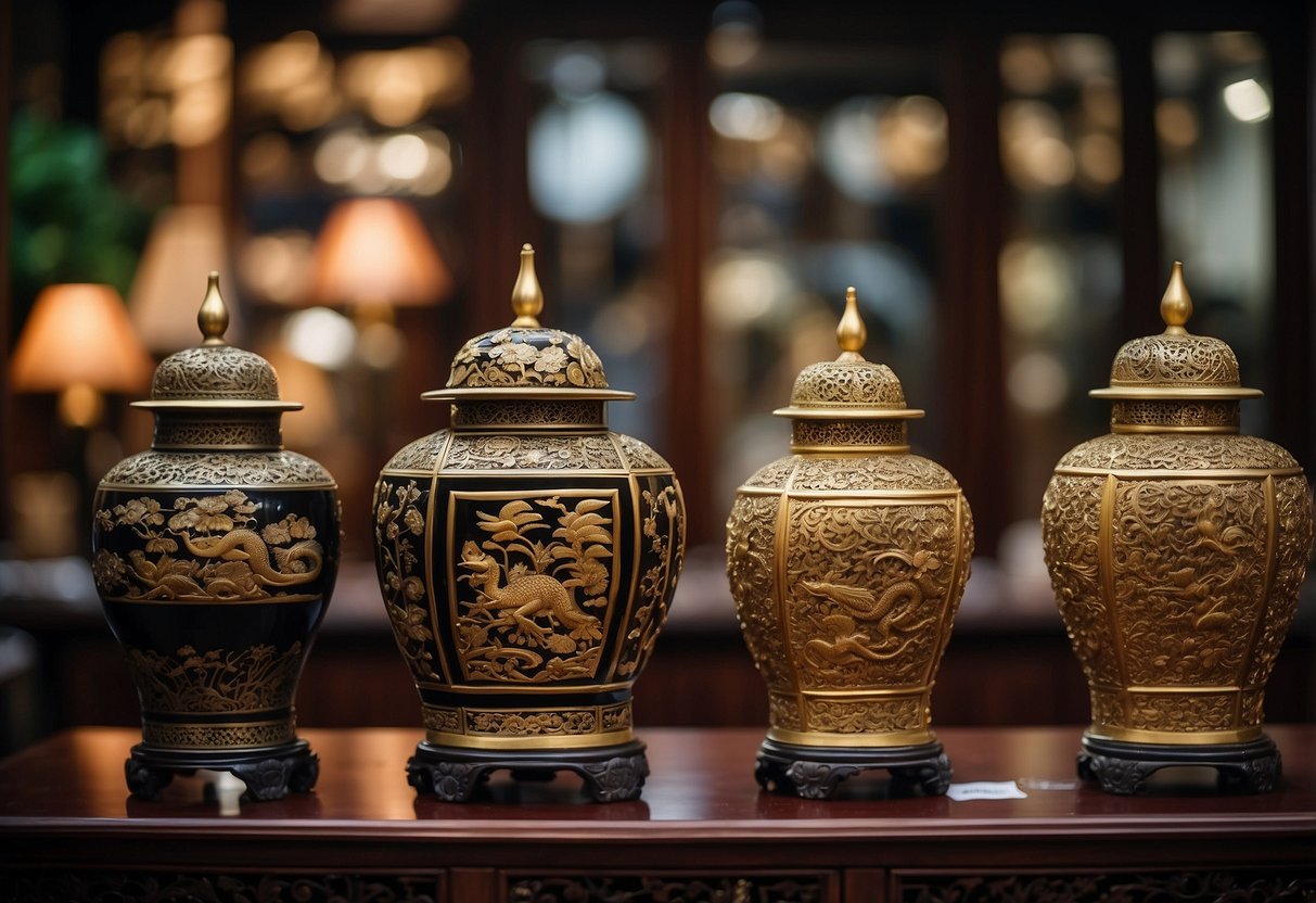 A traditional Chinese antique furniture shop in Singapore, with intricate wooden carvings and elegant lacquer finishes on display