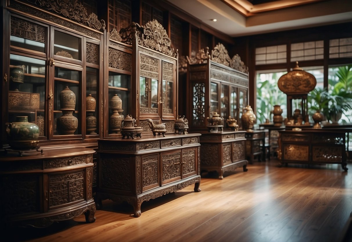 A room filled with Chinese antique furniture, with intricate carvings and elegant designs, displayed in a Singapore showroom