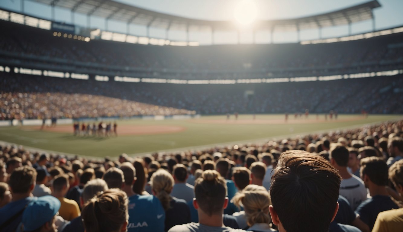 A crowded stadium with enthusiastic fans cheering for men's sports, while women's sports are being overlooked and ignored