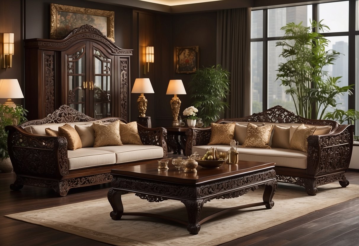 A modern living room with Chinese antique furniture, blending traditional elements with contemporary design. Rich wooden pieces, intricate carvings, and ornate details create a unique and elegant space