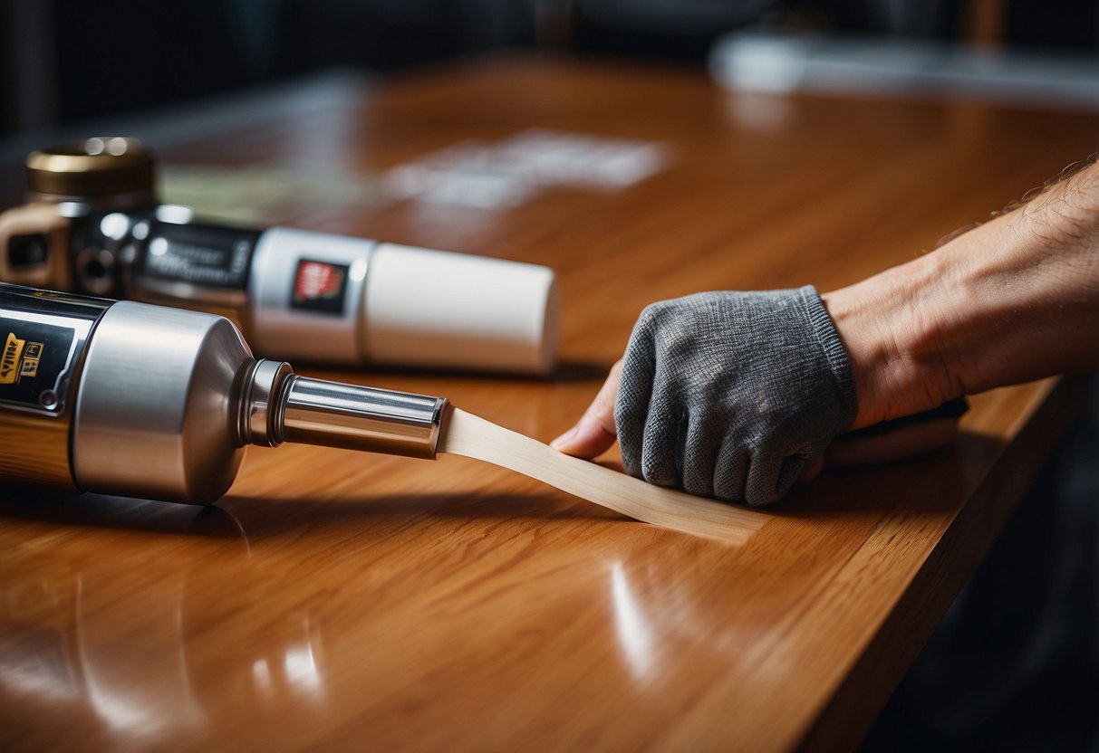 A person spray paints wood veneer furniture