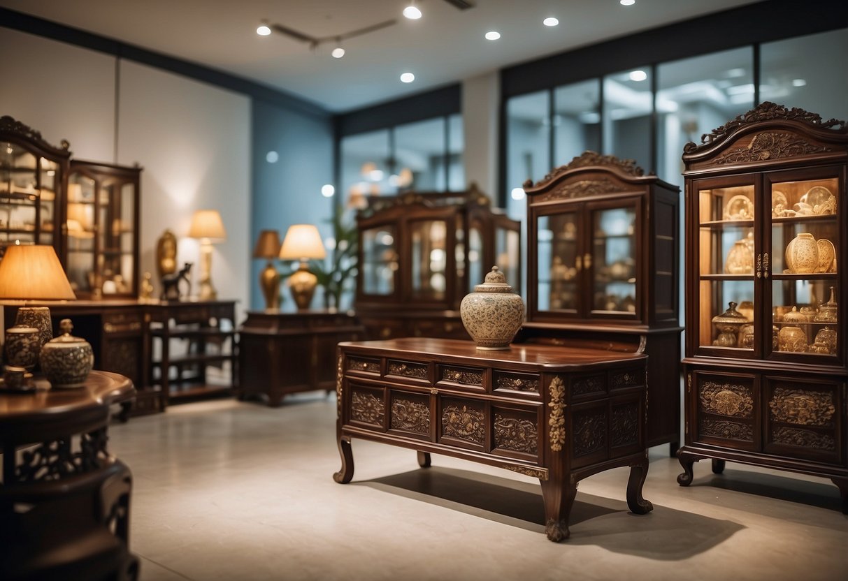 A display of Chinese antique furniture in a Singapore showroom, with customers browsing and asking questions