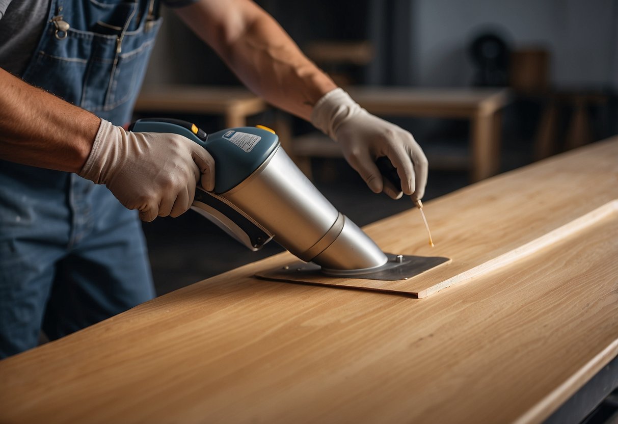 Wood veneer furniture being sanded and primed before spray painting. Sandpaper, primer, and spray paint cans are visible on a workbench