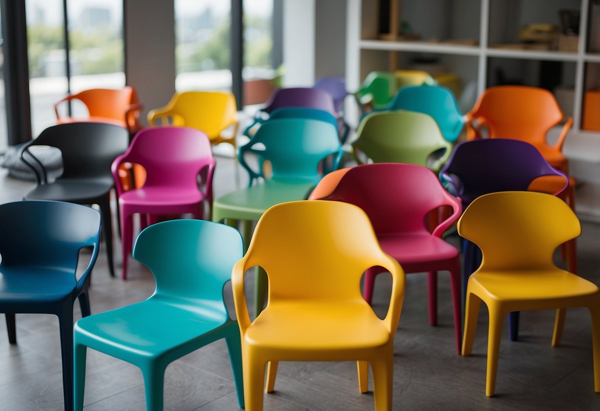 A vibrant display of Super Asia plastic furniture arranged in a modern living room setting with colorful chairs, tables, and shelves