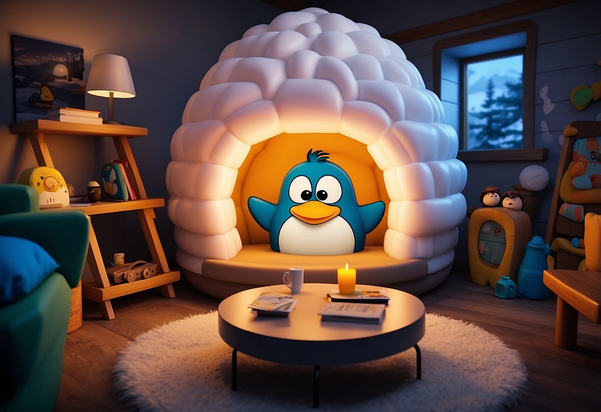 A cozy igloo filled with colorful Club Penguin furniture, including a fluffy couch, a wooden table, and a penguin-shaped lamp