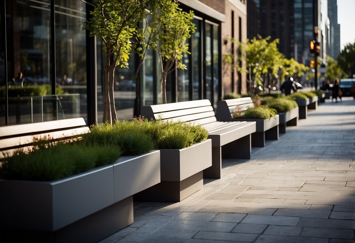 A bustling city sidewalk with sleek, modern benches and vibrant planters arranged in a geometric pattern. A team of designers and engineers collaborate on a new concept