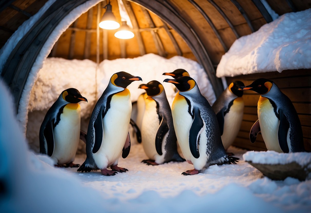 Penguins browse colorful furniture in a cozy igloo