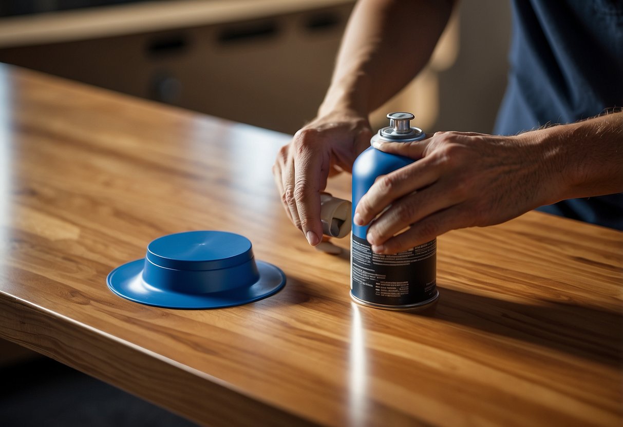 A person spray paints wood veneer furniture with even strokes, applying a smooth and consistent coat of paint