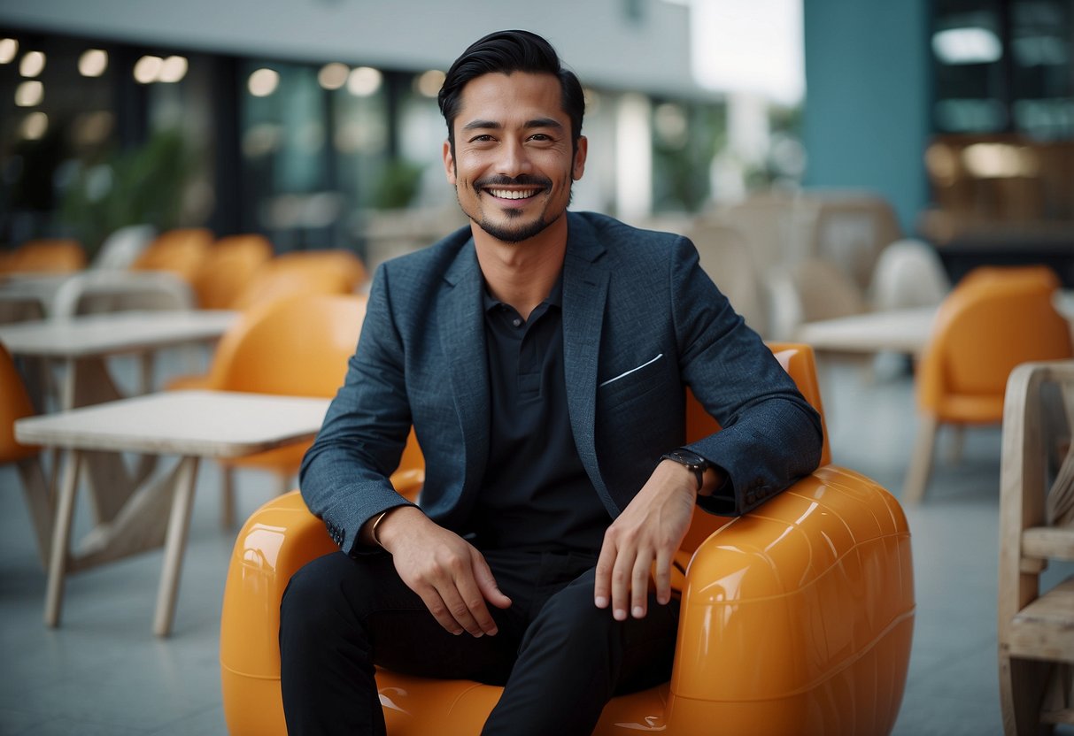 A smiling customer sits comfortably on a Super Asia plastic chair, admiring the sturdy construction and modern design of the furniture