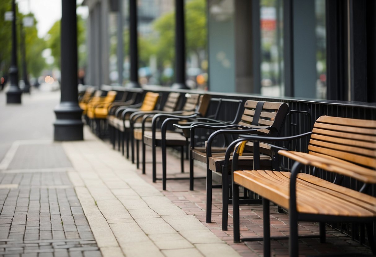 A bustling city street with modern, sleek street furniture including benches, trash receptacles, and bike racks. Bold signage reads "Frequently Asked Questions street furniture company."