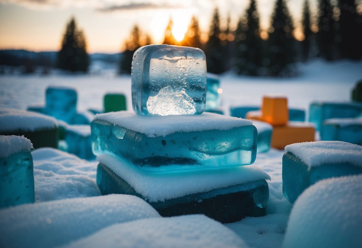 Ice blocks stacked to form igloo, with colorful furniture inside
