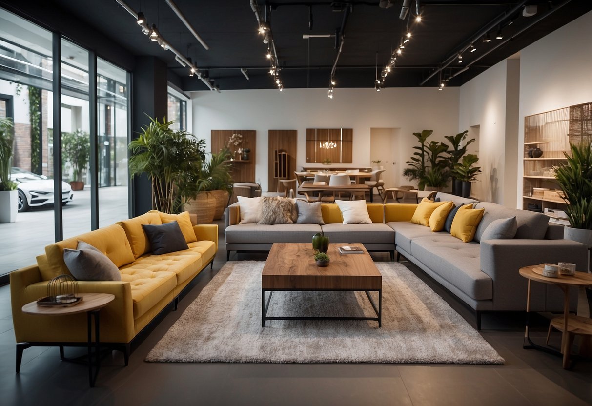 A showroom displaying various furniture pieces and services offered by Star Living. The scene includes the company's product range and opening hours