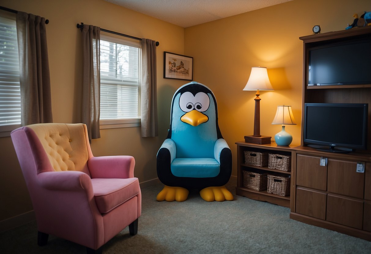 A cozy room with colorful furniture, including a penguin-shaped chair and an igloo-shaped bookshelf. A sign on the wall reads "Frequently Asked Questions club penguin furniture."