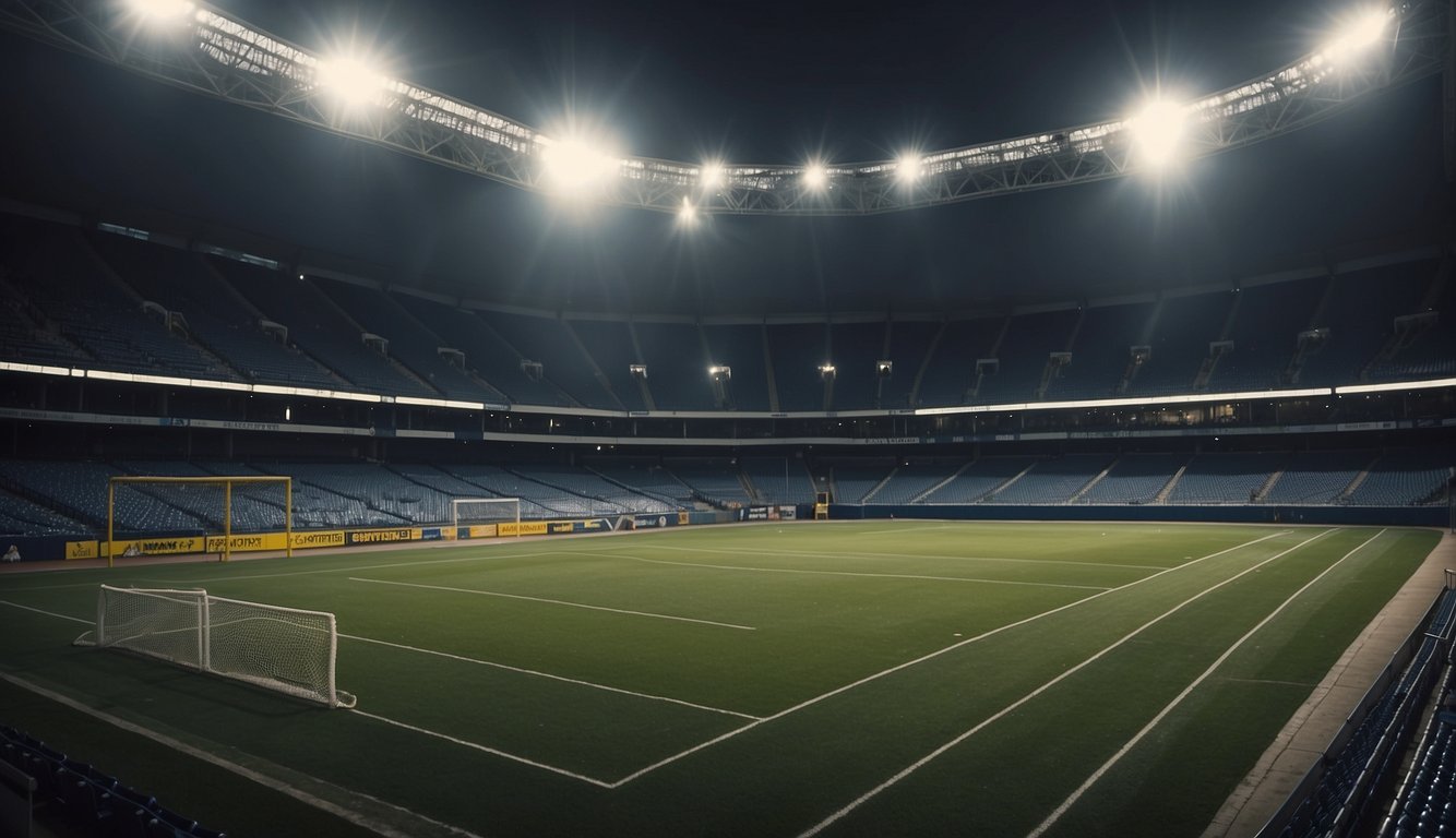 A stadium sits empty as the spotlight shines on a neglected women's sports team, reflecting the lack of media attention and investment in their initiatives