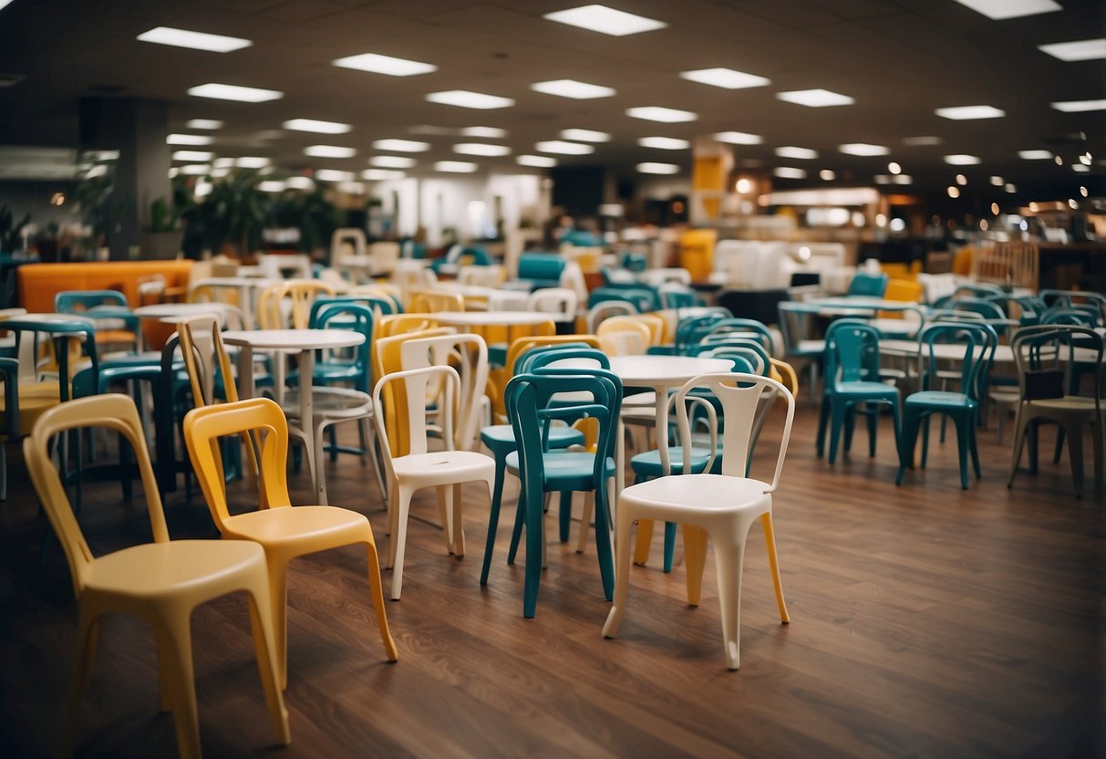 A stack of plastic chairs and tables with "Frequently Asked Questions" signage in a busy furniture store